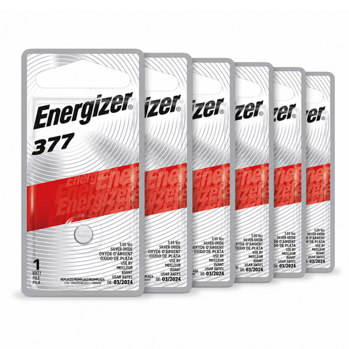 Six Energizer SR626SW batteries arranged in a row