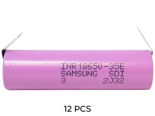 Close-up of Samsung 18650 Li-Ion battery showing welded tabs
