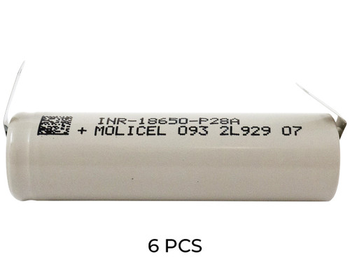 Close-up view of Molicel P28A 18650 battery terminals and tabs