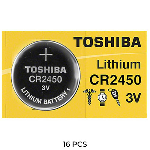Toshiba CR2450 3V lithium coin cell batteries 16-pack front view