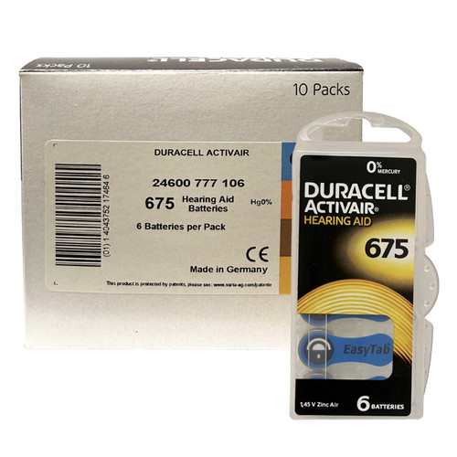 Duracell Size 675 DA675 hearing aid batteries 60 pack packaging