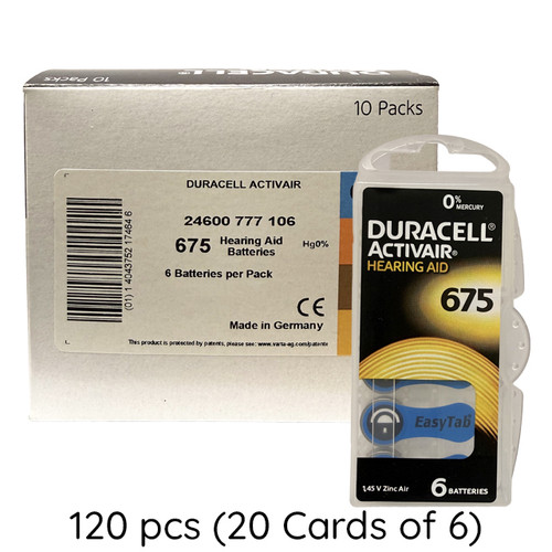 Size 675 Duracell (DA675) Hearing Aid Batteries (120 pcs)