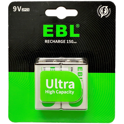 EBL 9V 150mAh rechargeable NiMH batteries 2-pack front view