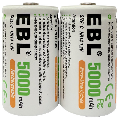 Close-up of EBL C-HR14 NiMH batteries highlighting battery details
