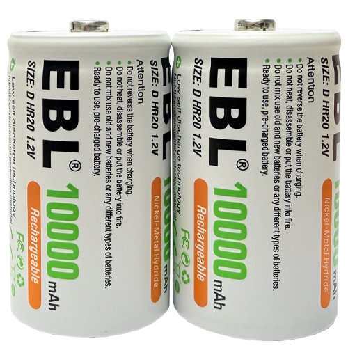 Closeup of EBL D size rechargeable batteries showing NiMH label