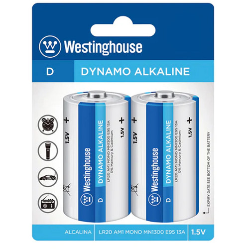 Westinghouse D Dynamo Alkaline Batteries LR20-BP2 two pack front