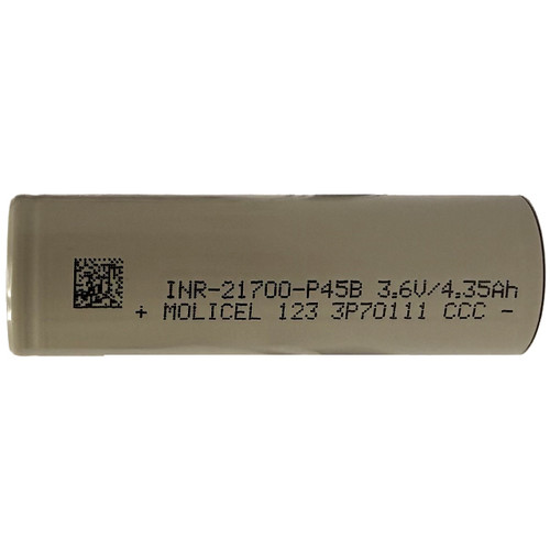 Close-up of Molicel INR21700P45B Li-ion rechargeable battery