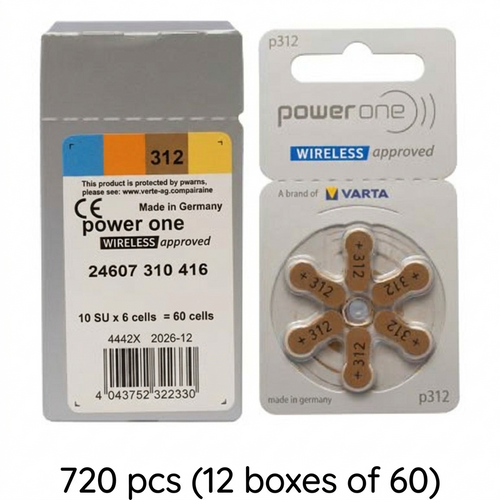 720 Pack Size P312 PowerOne Hearing Aid Batteries (12 boxes of 60)