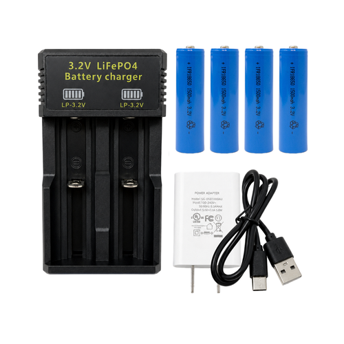 3.2V Lifep04 2 Slot Battery Charger + 4 pcs 3.2 Volt LiFePO4 18650 Button Top Batteries (1500 mAh)