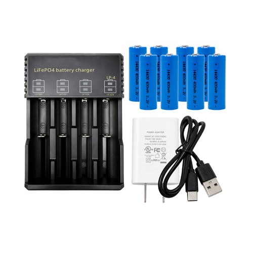 3.2V Lifep04 4 Slot Battery Charger + 8 pcs 3.2 Volt 14430 LiFePO4 Battery (400 mAh)