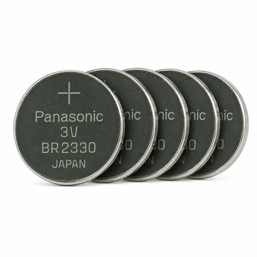 Five Panasonic BR2330 lithium batteries arranged side by side