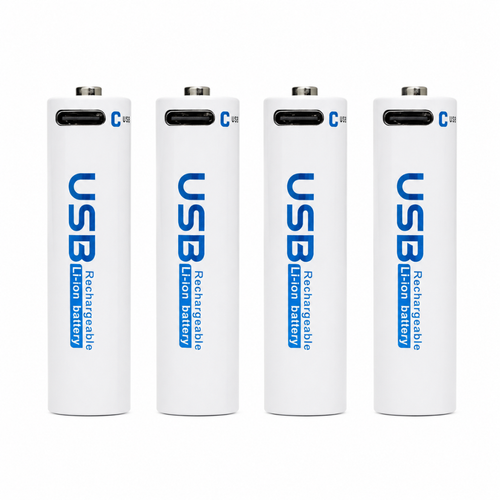 Close-up of USB Type-C charging ports on AA batteries