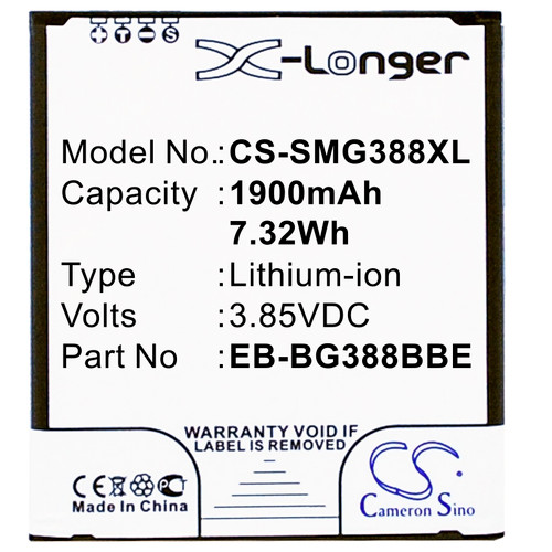 1900 mAh for Samsung EB-BG388BBE,GH43-04433A,EB-BG388BBECWW