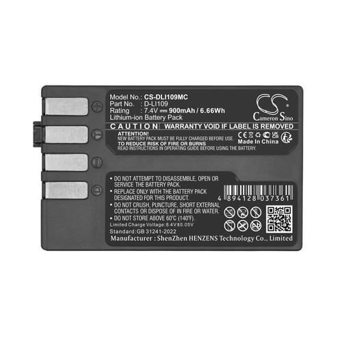 900mAh Replacement Battery for Pentax D-LI109, K-2 K-30 K-50 K-500 K-R K-S1 K-S2 K2 K30 K50 K500 KS1 KS2