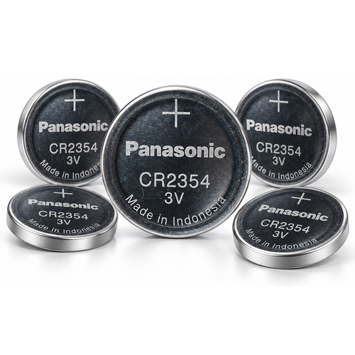 Front view of 5 Panasonic CR2354BN 3V lithium coin cell batteries