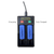 Close-up of 2 slot LiFePO4 charger with 18500 button top batteries