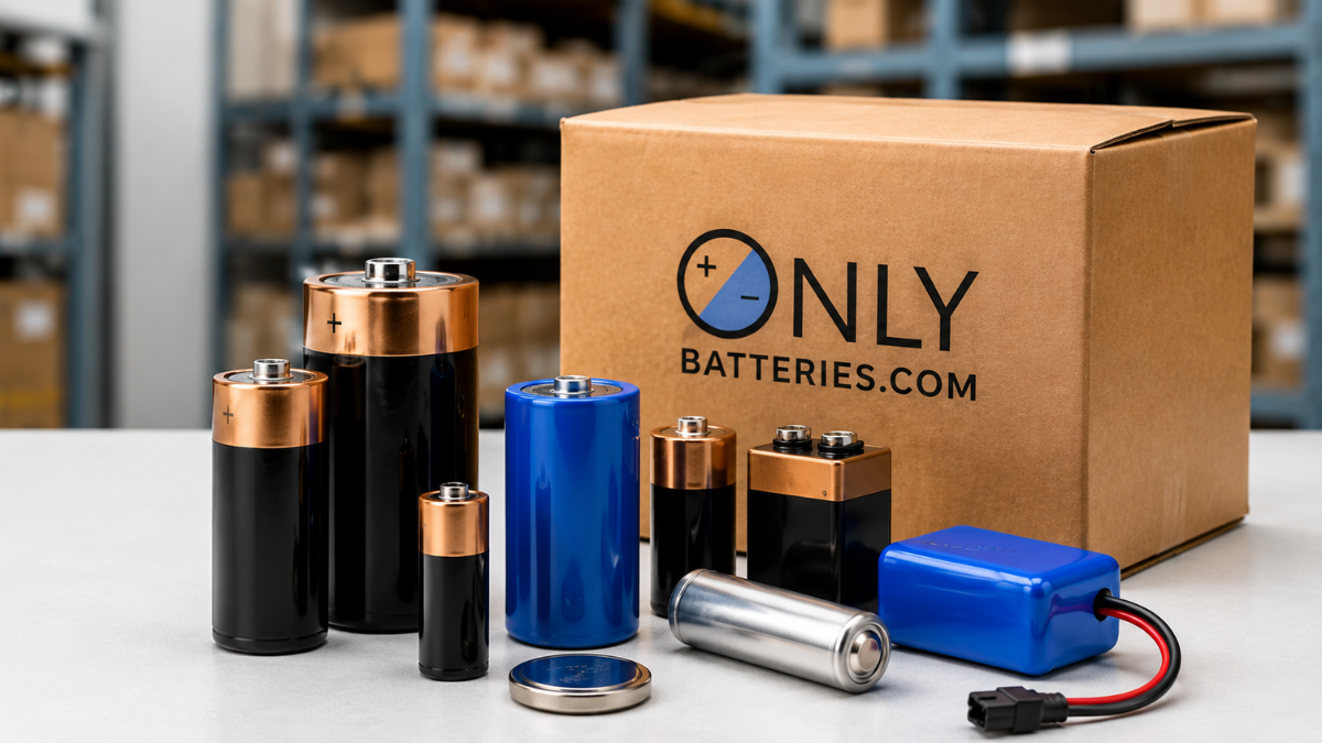 Assorted wholesale batteries and battery pack in a warehouse setting