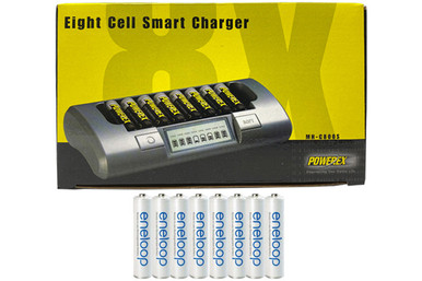 Powerex MH-C800S Eight Slot Smart Charger & 8 AAA NiMH Panasonic (Sanyo) Eneloop Rechargeable Batteries (800 mAh)