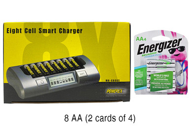 Powerex MH-C800S Eight Slot Smart Charger & 8 AA Energizer Recharge NH15BP4 NiMH 2300 mAh Batteries