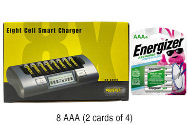 Powerex MH-C800S Eight Slot Smart Charger & 8 AAA NiMH Energizer 800 mAh Batteries (Low Discharge)