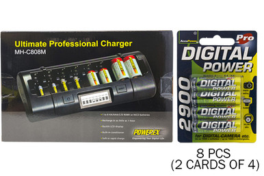 Powerex MH-C808M 8 Bay LCD Charger + 8 AA NiMH AccuPower Batteries (2900 mAh)
