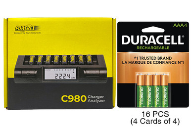Powerex C980 Smart Charger & 16 AAA Duracell Rechargeable (DX2400) Batteries (900 mAh)