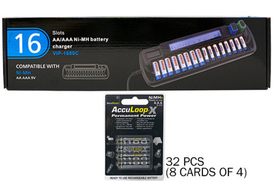 16 Bay AA / AAA LCD Battery Charger + 32 AAA Acculoop-X NiMH Batteries (1100 mAh)