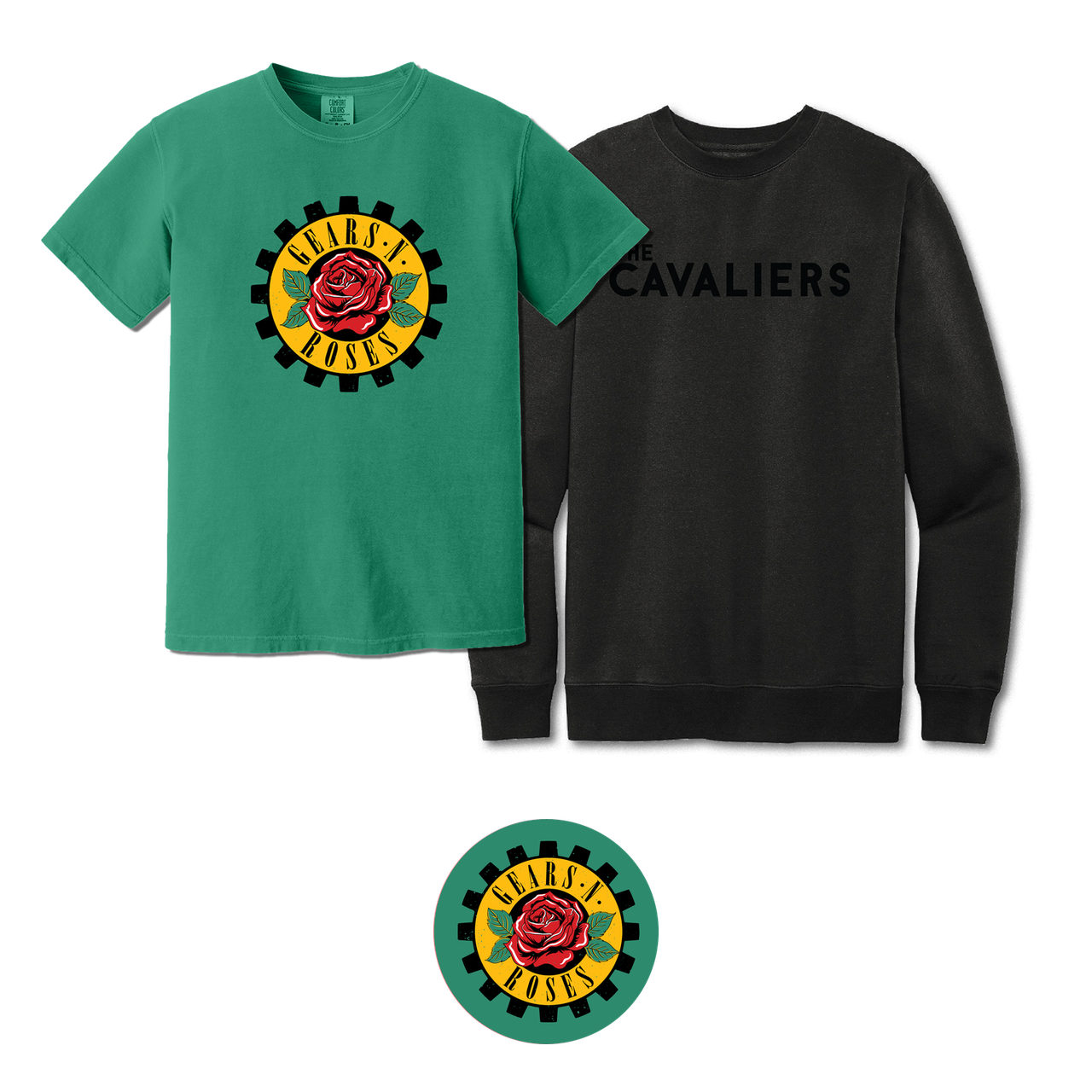 Gears & Roses Bundle: Gears & Roses T-Shirt, Black Crewneck, Gears n Roses Button