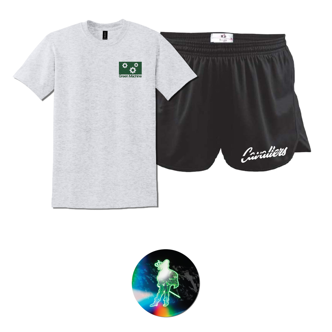 Green Machine Bundle: Green Machine T-Shirt, Rainbow Script Shorts, Rainbow Standing Man Sticker
