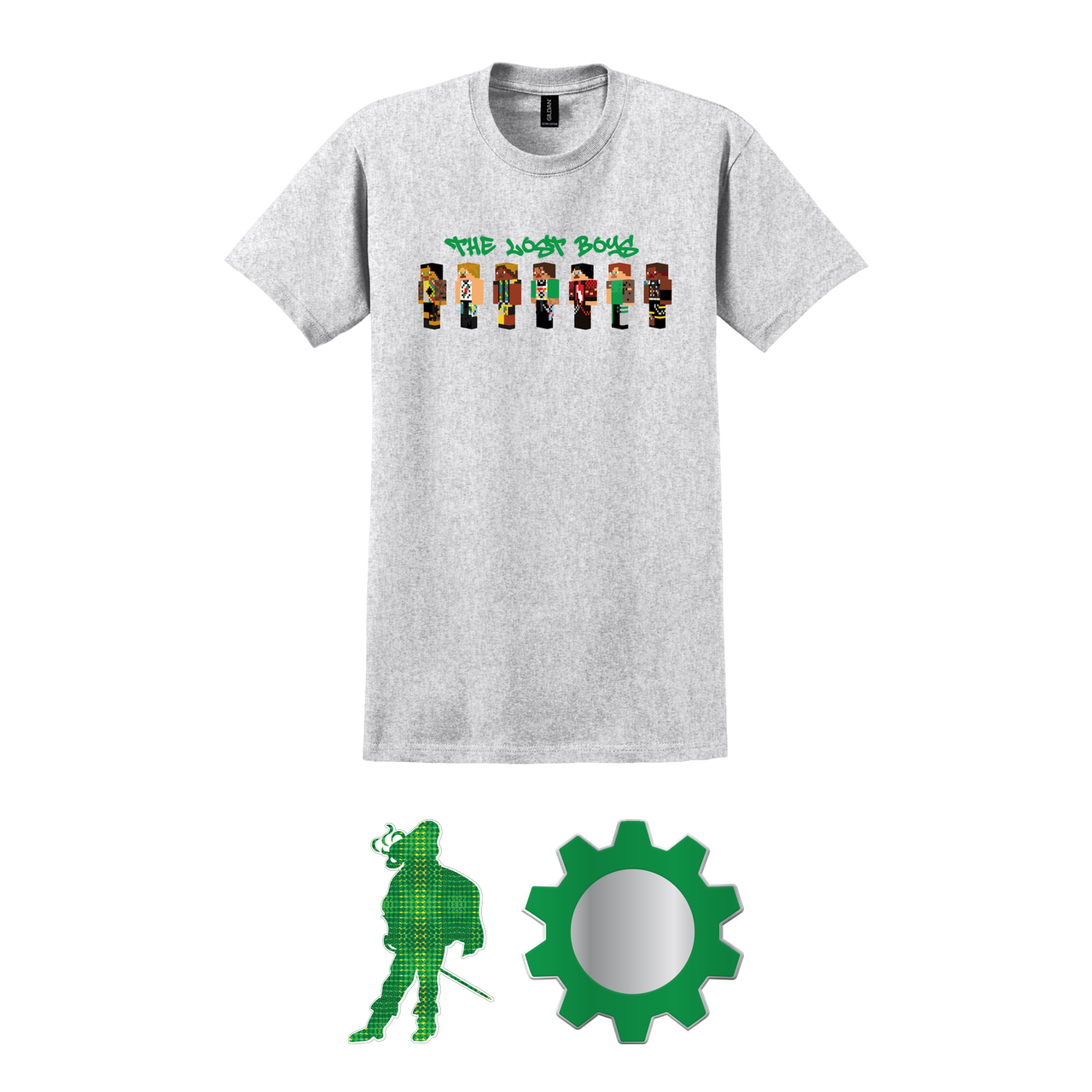 Lost Boys Bundle: Lost Boys Minecraft T-Shirt, 2026 Lost Boys Poster, Standing Man Holographic Sticker, Gear Pin