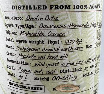 Back label for Puntiagudo Ensemble Arroqueno-Tepextate Agave Spirits