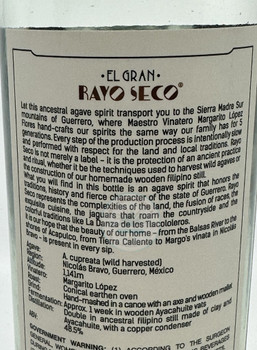 Rayo Seco Cupreata Agave Spirit back label
