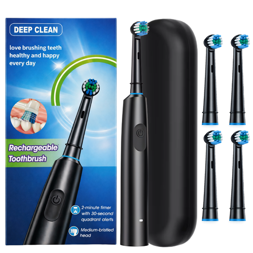 Brosse à Dents Électrique Deep Clean Noire + 4 Têtes de Brosse