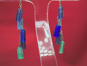 Blue-Green Flat Glass Tube Chain Earrings
