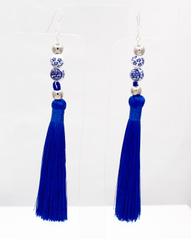 Blue Oriental Beaded Tassel Earrings