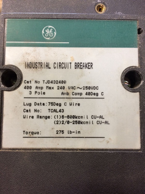 Ge Tjd432400 400A 240V 3P Circuit Breaker - As Is