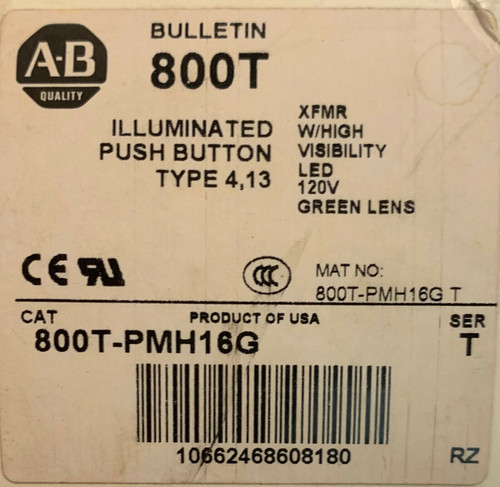 Allen Bradley 800T Pmh16G 120 V Green Led Illuminated Momentary Pushbutton