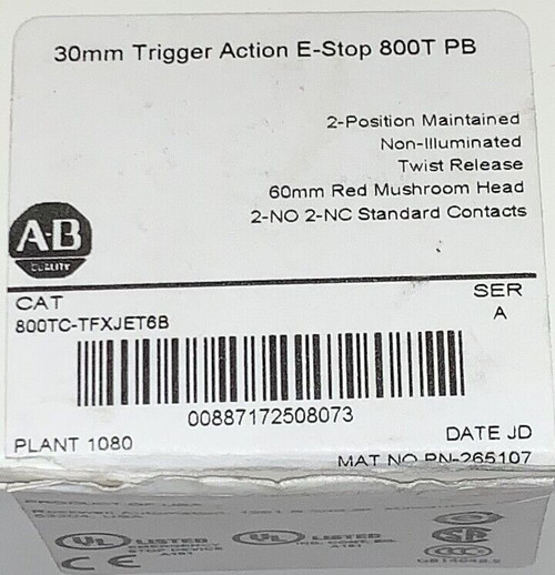 Allen Bradley 800Tc Tfxjet6B 30Mm Trigger Action Emergency Stop 2 Pos Maintained