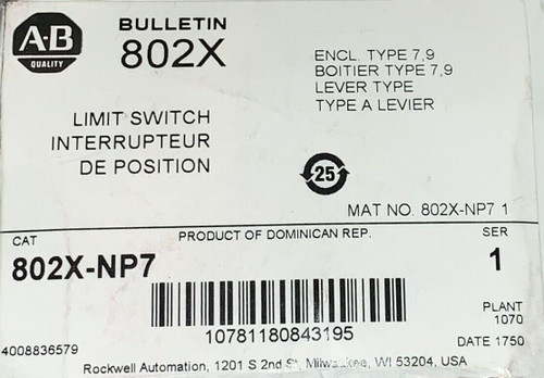 Allen Bradley 802X Np7 Type 7 Type 9 Lever Type Hazardous Location Limit Switch