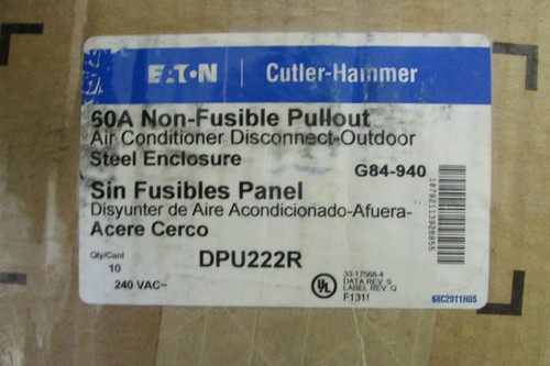 Eaton Cutler Hammer Disconnect Nema 3R 60 Amp 240 V Dpu222R *Price Is Per Item*
