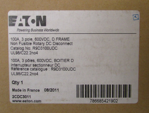 Eaton R9D3100Udc 3 Pole 100 Amp 600Vdc Non Fusible Rotary Dc Disconnect Switch