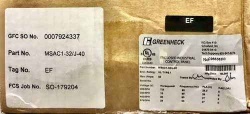 Greenheck Msac1 32 J40 7.5-25 Hp Enclosed Motor Starter Drive Control Panel