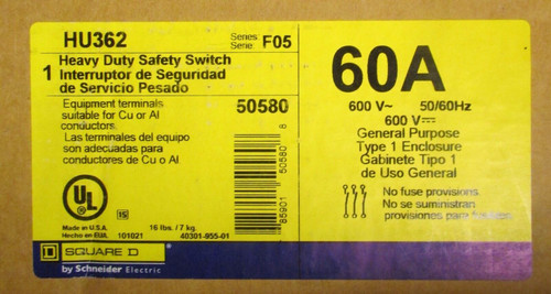 Square D Heavy Duty Safety Switch 60 Amp 3 Pole 600V Hu362