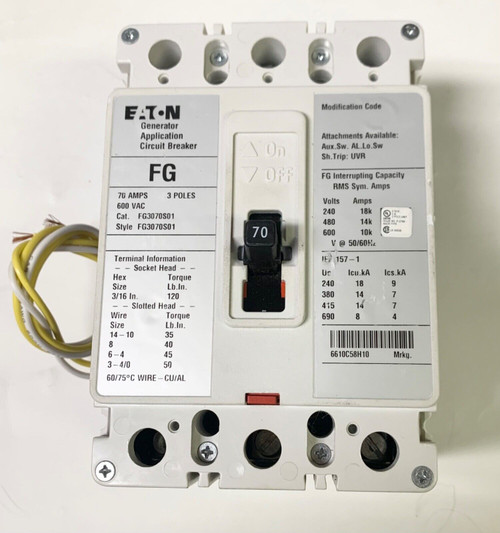 Cutler Hammer Fg3070S01 3 Pole 70 Amp Type Fg Generator Circuit Breaker