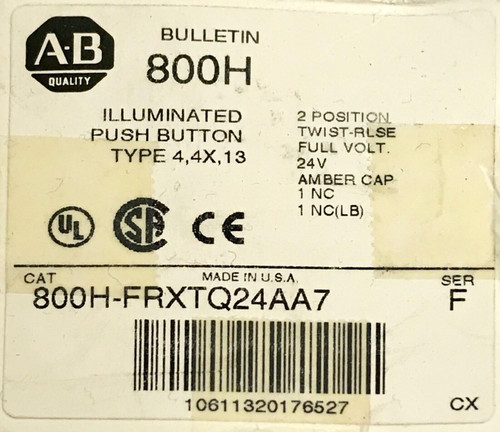 Allen Bradley 800H Frxtq24Aa7 2 Position Twist Release Amber Pushbutton