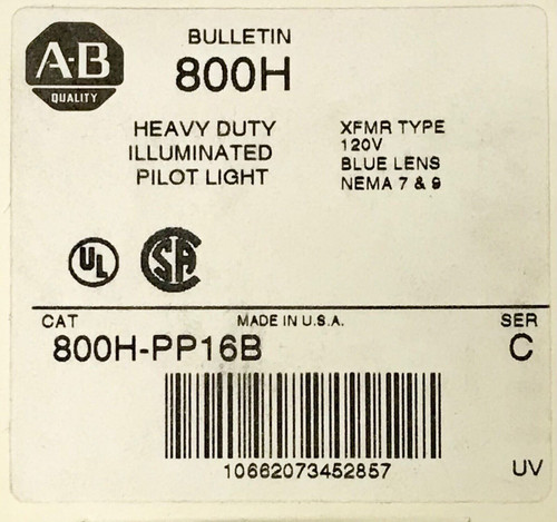 Allen Bradley 800H Pp16B Heavy Duty Blue Illuminated Pilot Light 120 Vac Xfmr