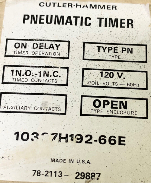 Cutler Hammer 10337H192-66E Pneumptic Timer 10337W192B 120 Vac