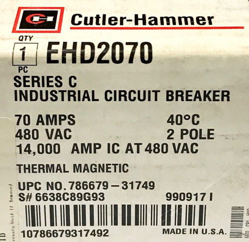 Cutler Hammer 2Pole 70 Amp Type Ehd Circuit Breaker