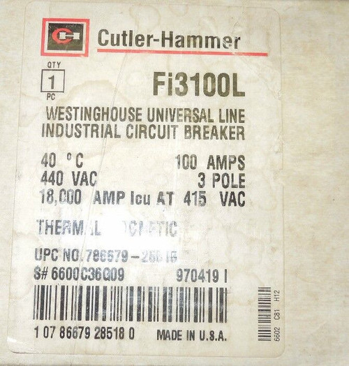 Cutler Hammer Fi3100L 100Amp 3Pole Circuit Breaker