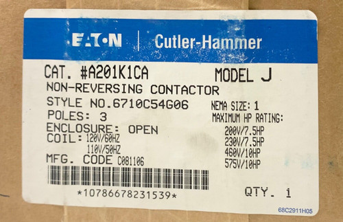 Culter Hammer A201K1Ca 110 120 Vac Size 1 A200 Contactor